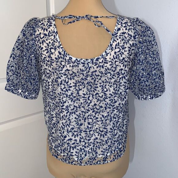 Ann Taylor Blue Floral Puffy Sleeve Blouse - Picture 3 of 5